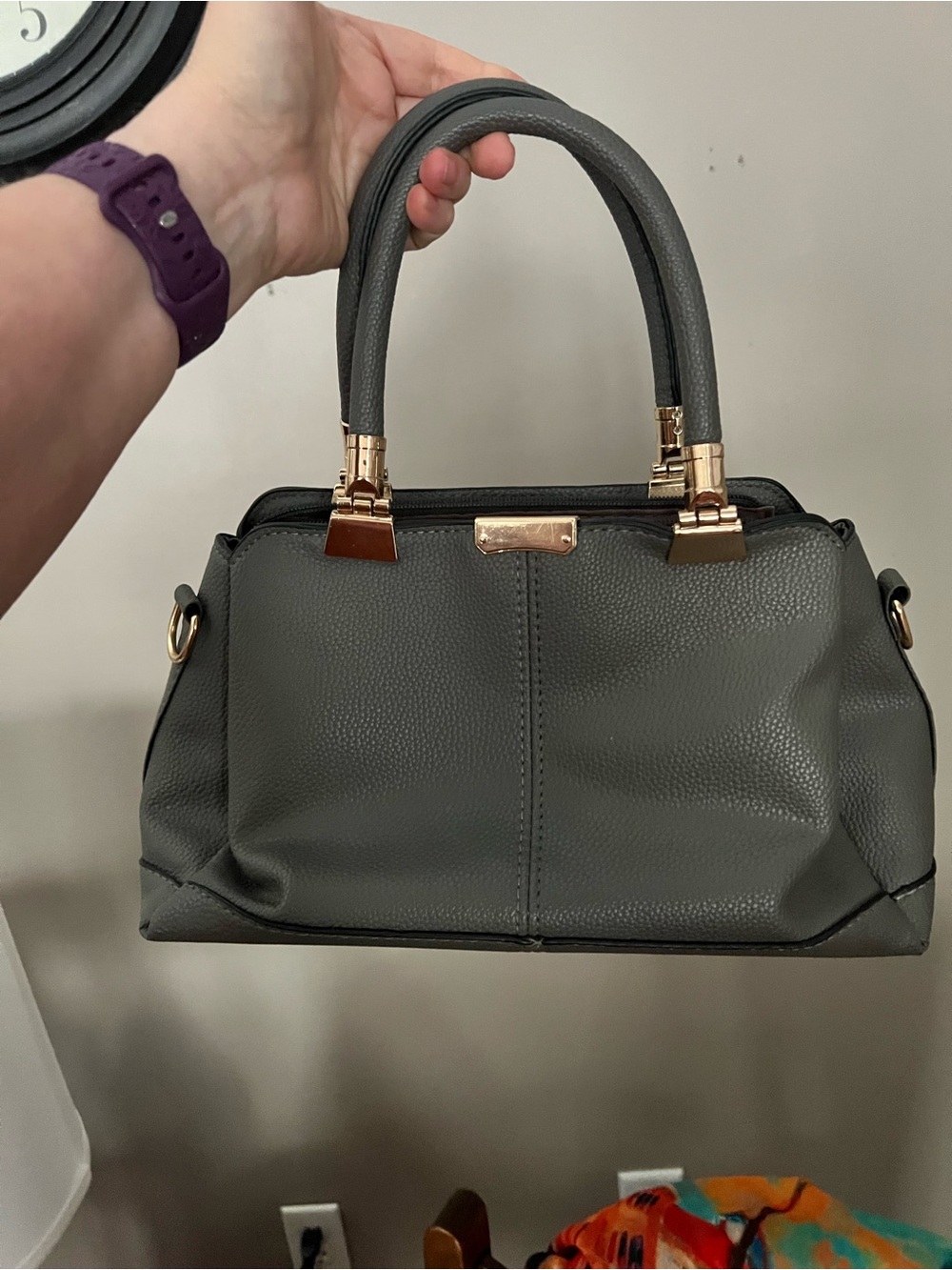 Women’s Gray Structured Satchel Handbag with Gold Hardware